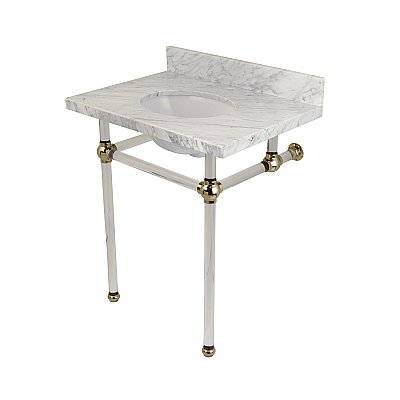 Kingston Brass Templeton 30" x 22" Carrara Marble Vanity Top with Clear Acrylic Console Legs - Carrara Marble/Polished Nickel
