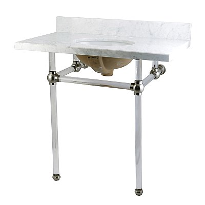 Fauceture 36" Templeton Carrara Marble Console Sink - Clear Acrylic & Satin Nickel Legs