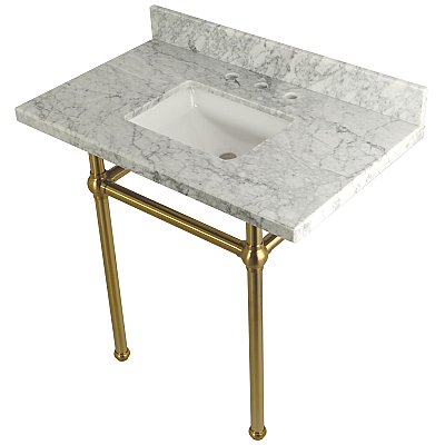 Kingston Brass Templeton 36" x 22" Carrara Marble Vanity Top with Brass Console Legs - Carrara Marble/Brushed Brass