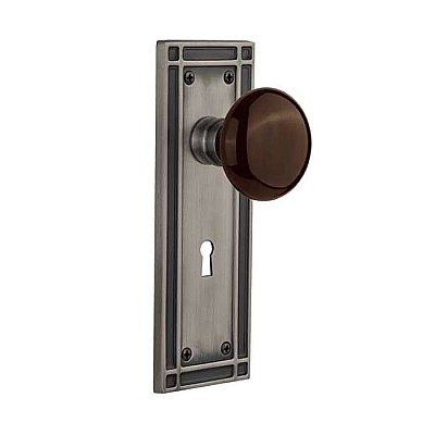 Complete Door Hardware Set - with Mission Plate with Brown Porcelain Knob