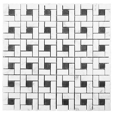 Honed Marble Mosaic 4" Spiral Pattern Tile - 1 Sq. Ft.  Sheet - Carrara White with Jet Black Dot - *Quick Ship*