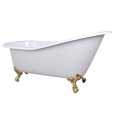 61-Inch Cast Iron Single Slipper Clawfoot Tub (No Faucet Drillings), White/Polished Brass