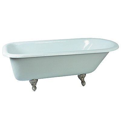 66-Inch Cast Iron Roll Top Clawfoot Tub (No Faucet Drillings), White/Brushed Nickel