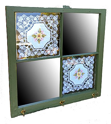 Repurposed Antique Window - Wall Decor - Antique Doilies Mirror & Hooks - Green