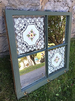 Repurposed Antique Window - Wall Decor - Antique Doilies Mirror & Hooks - Green