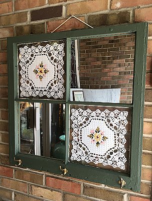 Repurposed Antique Window - Wall Decor - Antique Doilies Mirror & Hooks - Green