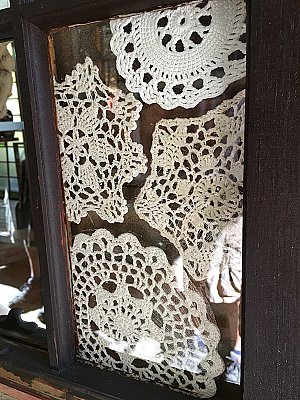 Repurposed Antique Window - Wall Decor - Antique Doilies Mirror & Dictionary Prints