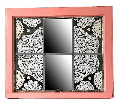 Repurposed Antique Window - Wall Decor - Antique Doilies and Mirror - Pink