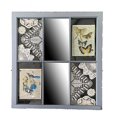 Repurposed Antique Arched Top Window - Wall Mirror - Antique Doilies, Butterflies, Birds