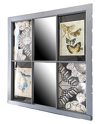 Repurposed Antique Arched Top Window - Wall Mirror - Antique Doilies, Butterflies, Birds