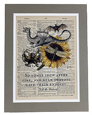 Repurposed Antique Dictionary Page Wall Decor - Dragon - Tolkien - Snow After Fire
