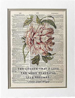 Repurposed Antique Dictionary Page Wall Decor - Pink Peony - Frank Lloyd Wright - The Longer That I Live