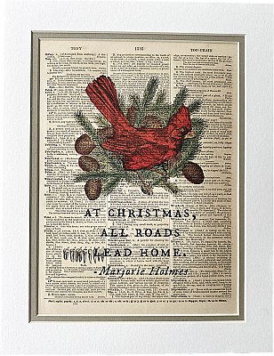 Repurposed Antique Dictionary Page Wall Decor - Red Cardinal - At Christmas, All Roads Lead Home