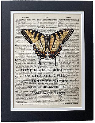 Repurposed Antique Dictionary Page Wall Decor - Butterfly - Frank Lloyd Wright - Give Me the Luxuries of Life