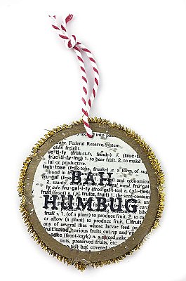 Vintage Dictionary Page Recycled into Holiday Ornament - Grumpy Moon - Bah Humbug