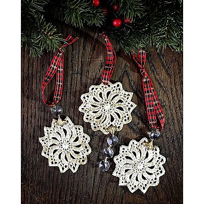 Antique Repurposed Crochet Doily Holiday Ornament - Crystals