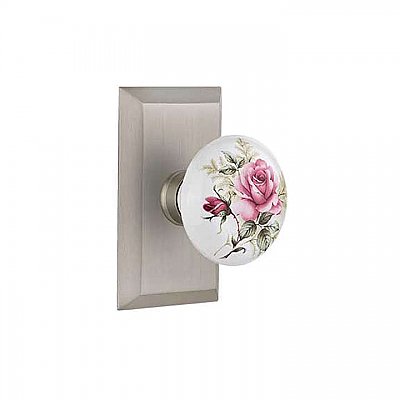 Complete Door Hardware Set - with Studio Plate with White/Rose Porcelain Knob