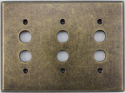 Aged Antique Brass Triple Pushbutton Forged Switchplate