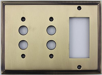 Deco Antique Brass Double Pushbutton/ Single GFCI Forged Switchplate