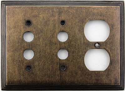 Deco Aged Antique Brass Double Pushbutton/ Single Duplex Forged Switchplate