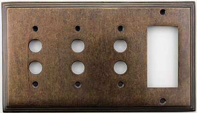 Deco Aged Antique Brass Triple Pushbutton/ Single GFCI Forged Switchplate