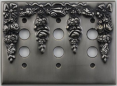 Festoon Antique Pewter Triple Pushbutton Forged Switchplate