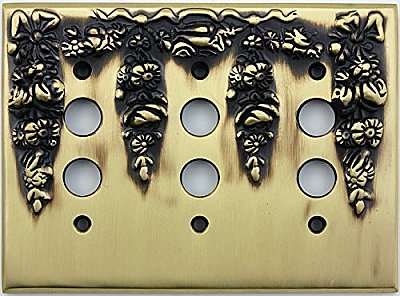 Festoon Antique Brass Triple Pushbutton Forged Switchplate