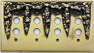 Festoon Antique Brass Quad Pushbutton Forged Switchplate