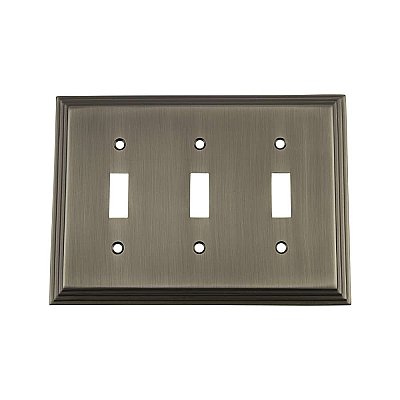 Solid Brass Deco Switchplate - Antique Pewter - Triple Toggle