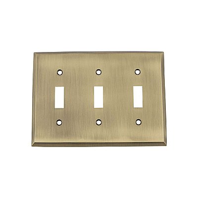 Solid Brass New York Switchplate - Antique Brass - Triple Toggle