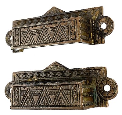 Pair of Antique Amber Bronzed Cast Iron Bin or Drawer Cup Pulls in "Gothic" Design by P. & F. Corbin - Circa 1876
