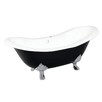 72-Inch Cast Iron Double Slipper Clawfoot Tub with 7-Inch Faucet Drillings, Black/White/Polished Chrome