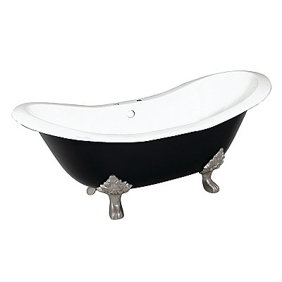 72-Inch Cast Iron Double Slipper Clawfoot Tub with 7-Inch Faucet Drillings, Black/White/Brushed Nickel
