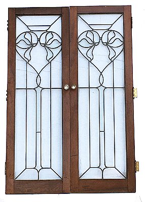 Antique Pair of Mahogany Leaded Glass Arts & Crafts Cabinet Doors - Circa 1910