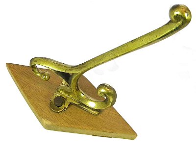 Antique Large Brass Coat Hook on Wooden Plaque