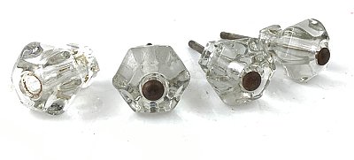 Antique Set of Four Glass Hexagon Cabinet or Drawer Knobs