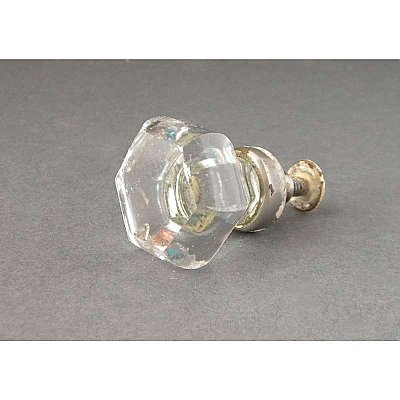 Antique Single Clear Glass and Nickel Hexagonal Cabinet Knob