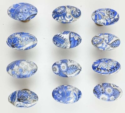 Salvaged Porcelain Egg or Oval Cabinet Knobs - Blue Floral Transferware - Sold in Set of 10