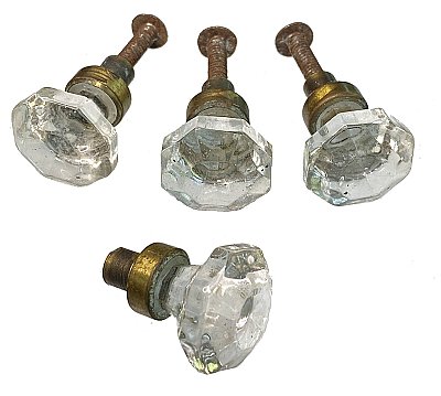 Set of 4 Petite Antique Bronze and Glass Octagonal Cabinet Knobs - Circa 1900