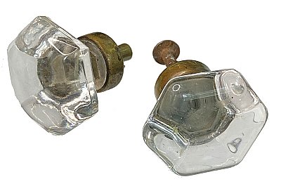 Set of 2 Antique Bronze and Glass Hexagonal Cabinet Knobs - Circa 1900