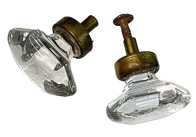 Set of 2 Antique Bronze and Glass Hexagonal Cabinet Knobs - Circa 1900