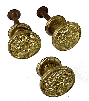 Set of 3 Antique Cast Brass Colonial Revival Cabinet Knobs - Circa 1920