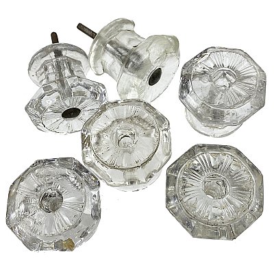 Set of Six Antique Clear Pressed Glass Cabinet Knobs - Circa 1900