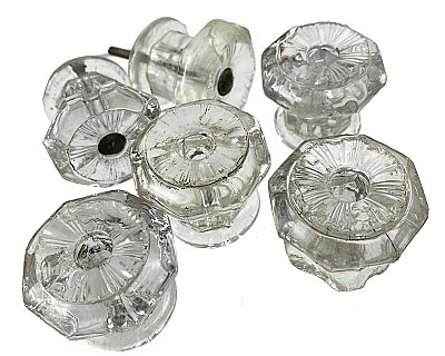 Set of Six Antique Clear Pressed Glass Cabinet Knobs - Circa 1900