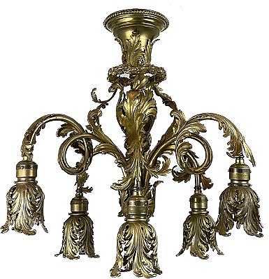 Antique French Renaissance 6-Arm Ceiling Light Fixture with Gilded Finish - Circa 1910