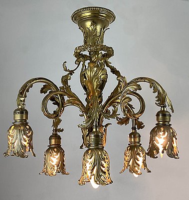 Antique French Renaissance 6-Arm Ceiling Light Fixture with Gilded Finish - Circa 1910