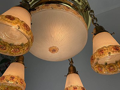 Antique Bowl and Shower Ceiling Light Fixture with Reverse Painted Floral Shades - Circa 1920