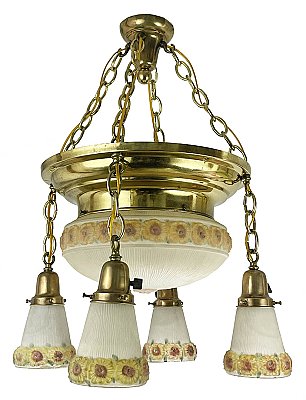 Antique Bowl and Shower Ceiling Light Fixture with Reverse Painted Floral Shades - Circa 1920