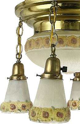 Antique Bowl and Shower Ceiling Light Fixture with Reverse Painted Floral Shades - Circa 1920