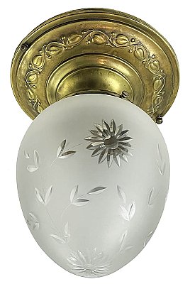 Antique Wrought Brass Flush Ceiling Light Fixture with Wheel Cut Shade - Circa 1920